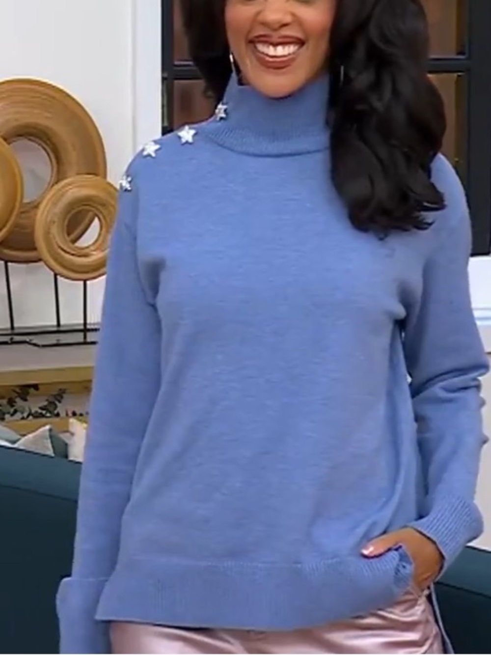 Peace Love World Turtleneck
Sweater with Star Buttons
Blue Haze Large